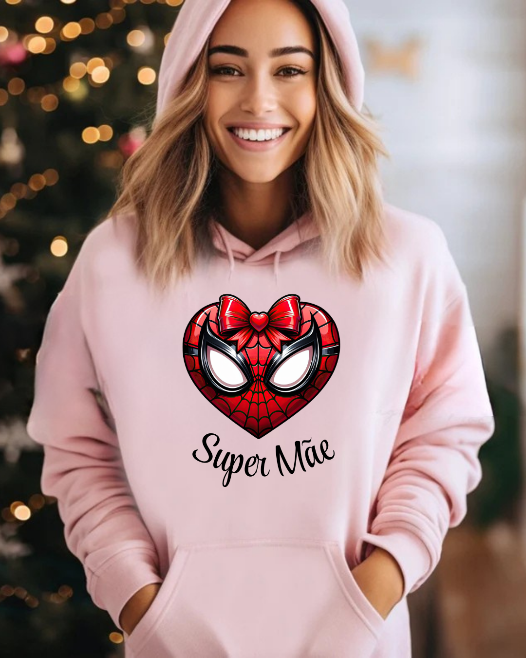 Sudadera rosa claro com estampa de coração Homem-Aranha e texto 'Super Mãe'