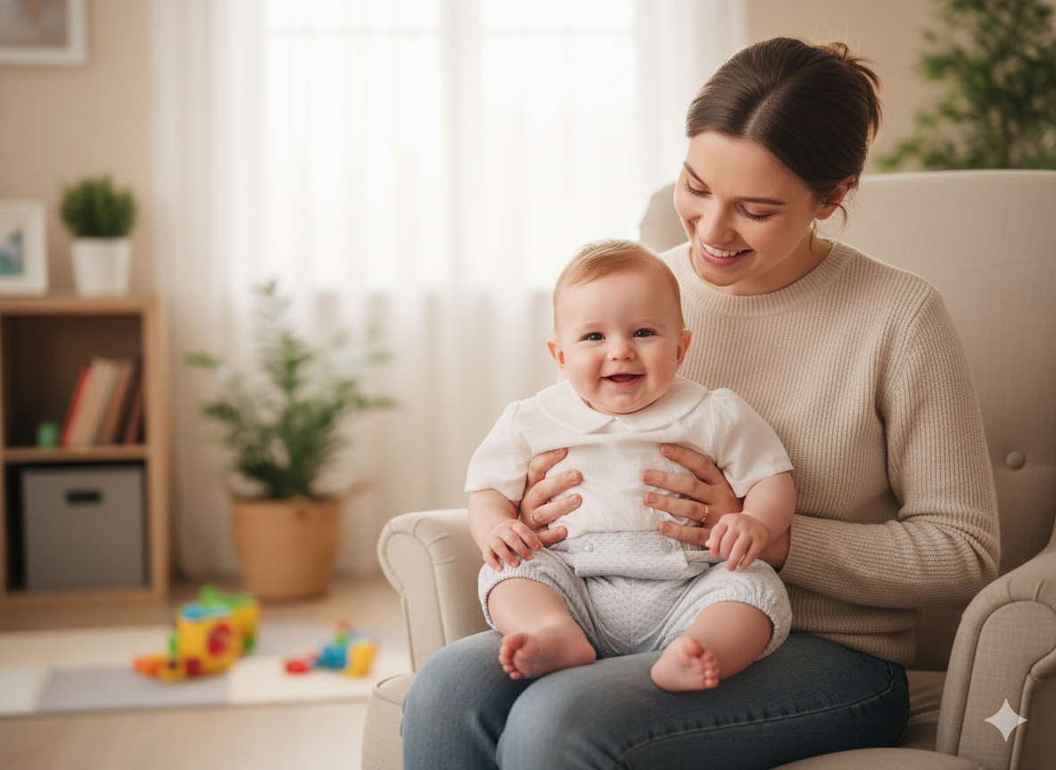Bebé sorridente vestido de branco com mulher numa poltrona bege