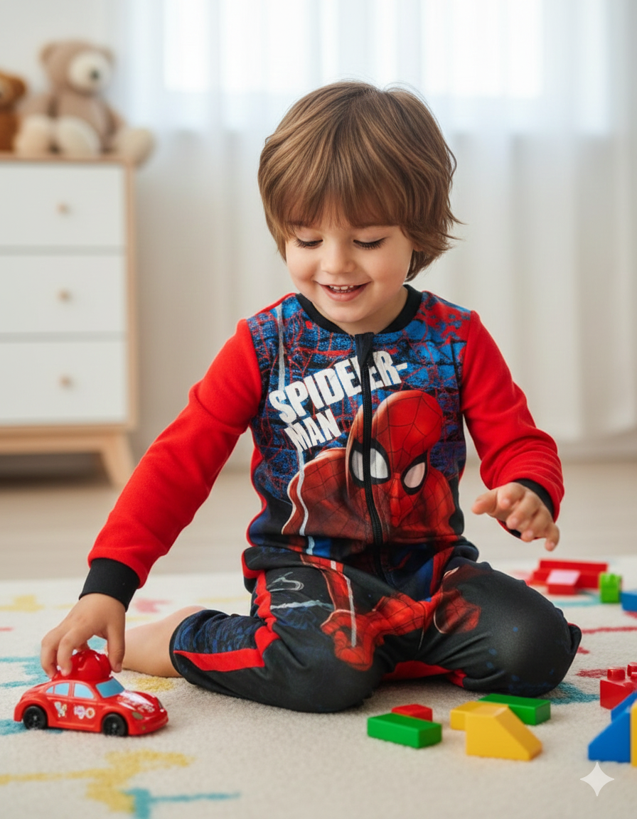 Criança a usar pijama do Homem-Aranha e a brincar com carro de brinquedo vermelho e blocos coloridos no chão.