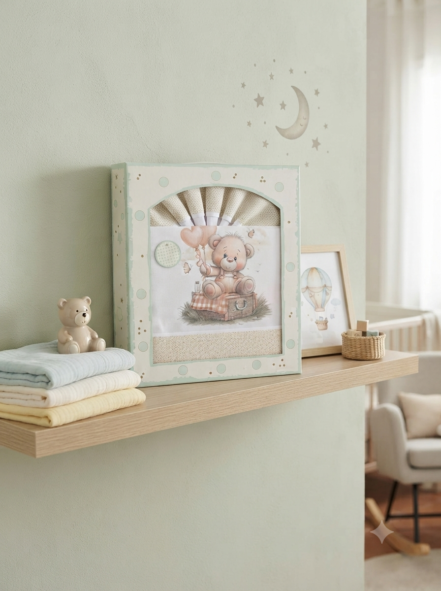 Toalhas, boneco e caixa decorativa com desenho de urso numa prateleira de madeira clara