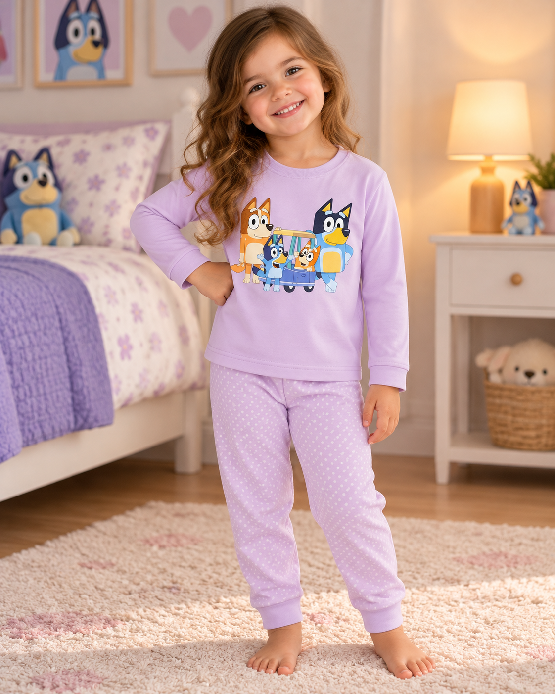 Criança usando pijama lilás com desenho de personagens no peito, em quarto infantil acolhedor.