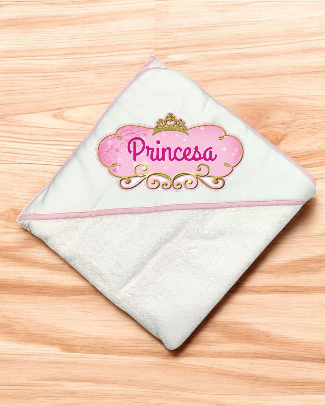 Toalha de banho branca com capuz rosa e texto Princesa