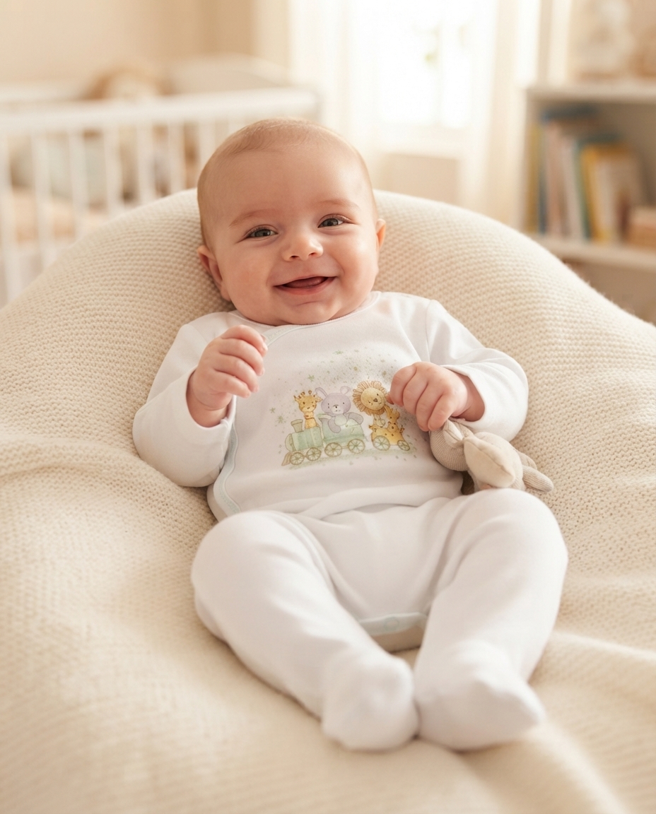 Bebé sorridente em macacão branco com desenho de comboio e animais, sentado num sofá almofadado bege com brinquedo de tecido.