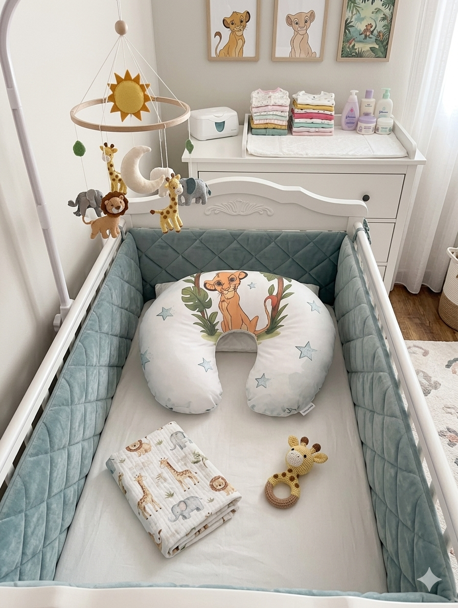 Berço de bebé branco com almofada U decorada com Simba e móbile com animais de feltro