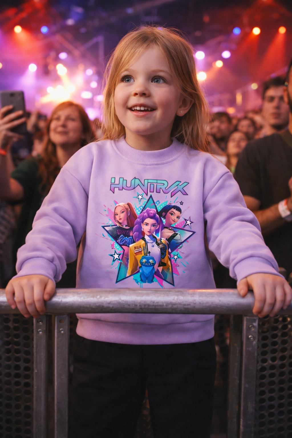 Criança com sweatshirt lilás com estampa de personagens e texto HUNTRAX num concerto