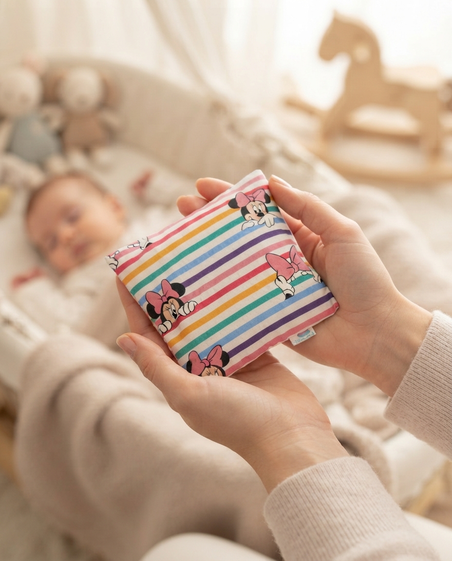Almofada pequena colorida com imagens da Minnie Mouse nas mãos