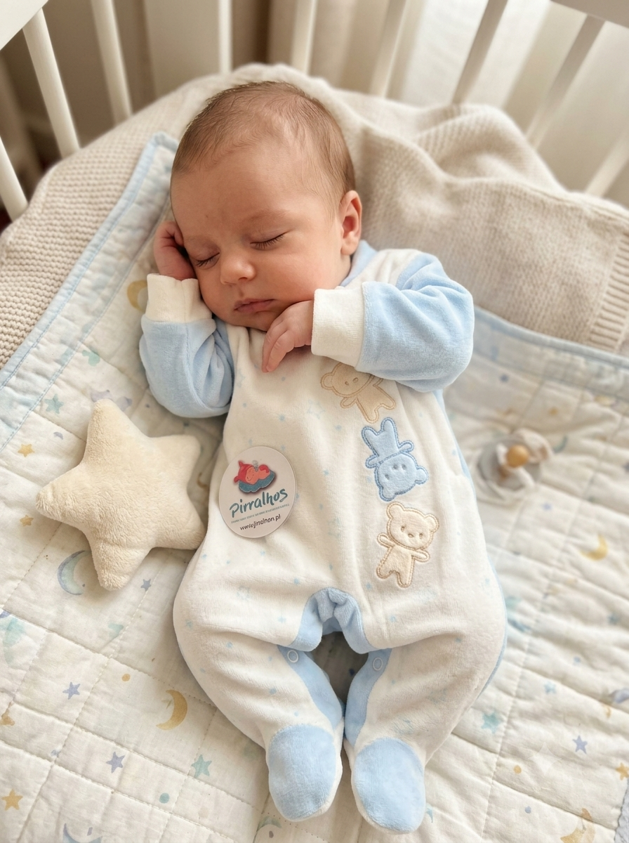 Pijama de bebé branco e azul com ursinhos bordados num colchão com padrão espacial e almofada em estrela creme