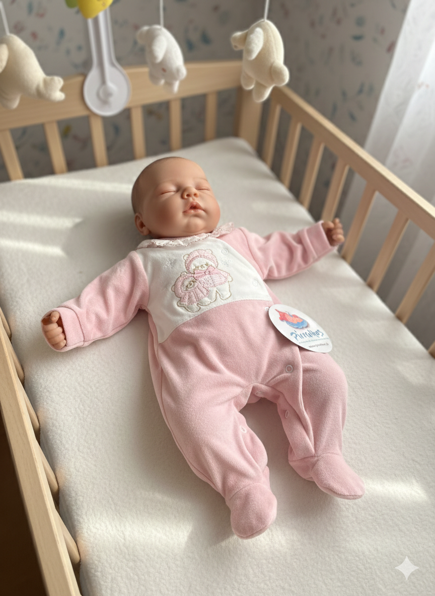 Boneca de bebê com macacão rosa e branco no berço com móbile de pelúcia