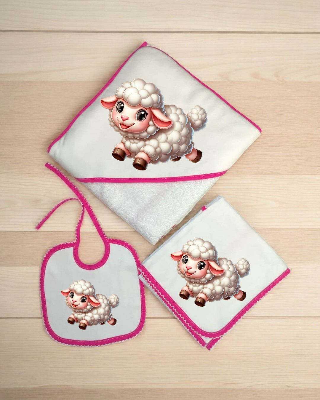 Conjunto de produtos para bebé com estampa de ovelha e detalhes cor-de-rosa