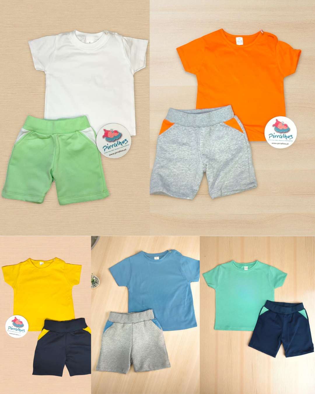 Cinco conjuntos de roupa para crianças com t-shirt e calções de várias cores sobre fundo de madeira clara.