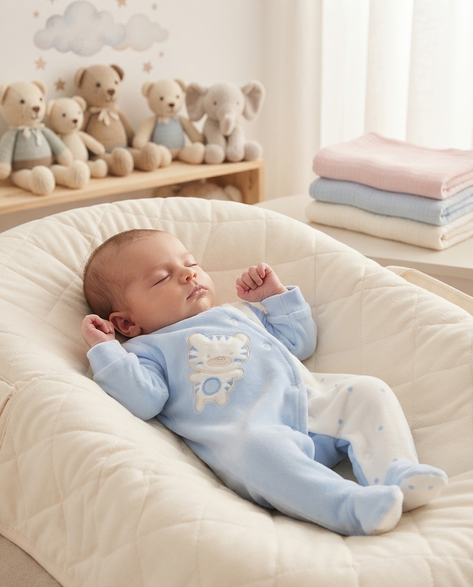 Bebé dormindo em almofada branca com fato azul e branco, brinquedos de peluche e mantas ao fundo