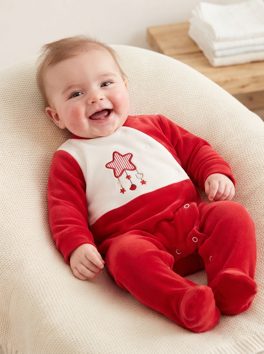 Bebé sorridente vestindo macacão vermelho e branco com estrela decorativa, sentado em almofada creme.