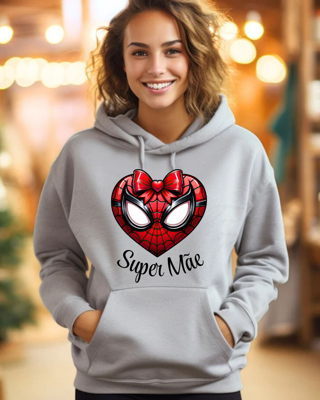 Sweatshirt cinzenta com desenho de Homem-Aranha em forma de coração e texto Super Mãe