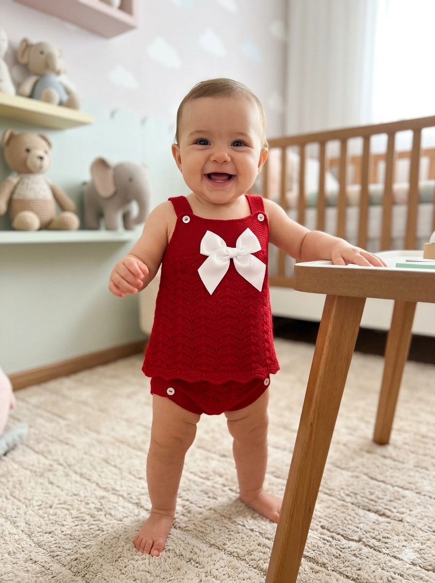 Bebé com roupa vermelha tricotada com laço branco num quarto infantil.