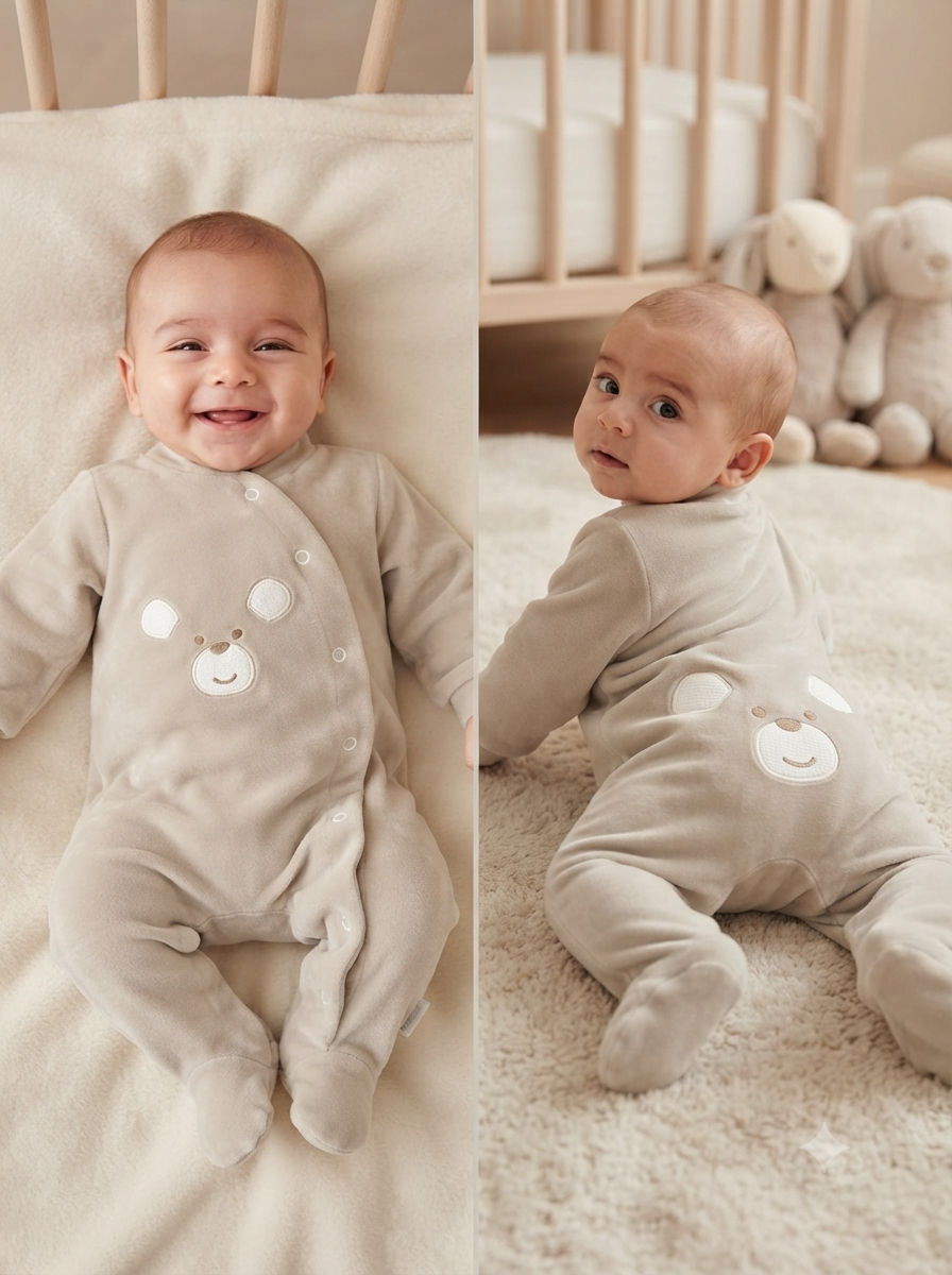 Macacão bege para bebé com estampa de urso e botões, bebé sorrindo e bebê de costas no quarto.