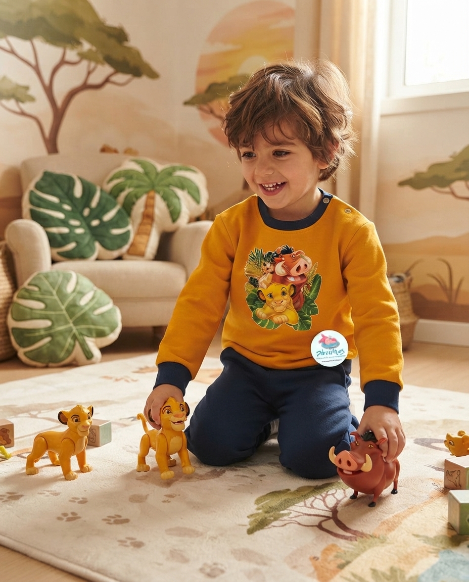 Menino a brincar com figuras do Rei Leão vestindo camisola amarela com estampado do filme