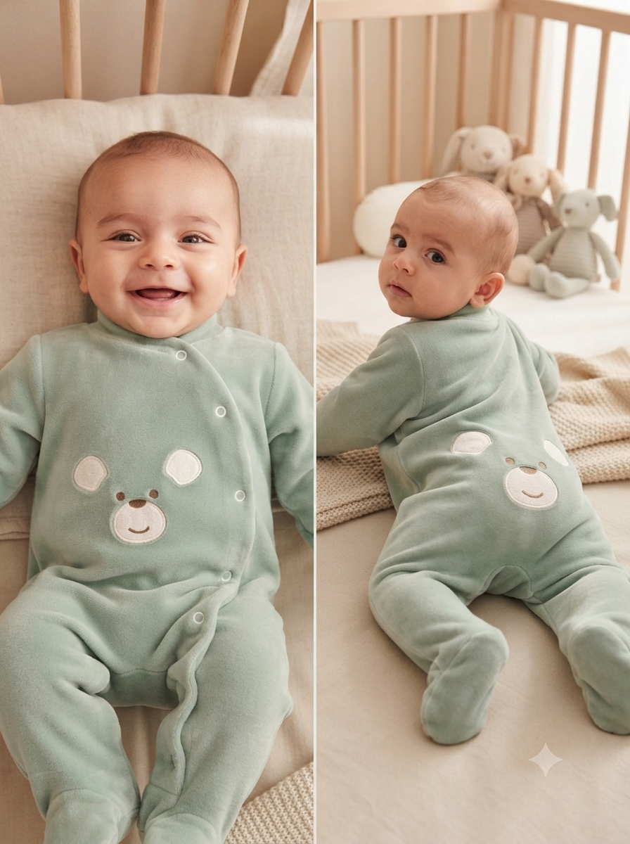 Bebé com pijama verde-água com ursinho bordado numa cama de madeira clara com peluches ao fundo