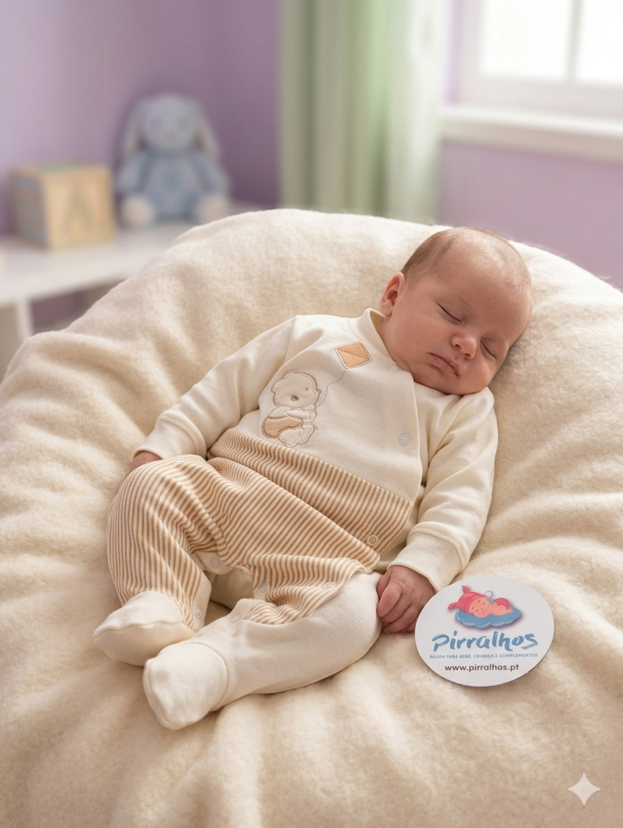 Bebé dormindo em almofada macia com roupa creme e bege e etiqueta Pirralhos.