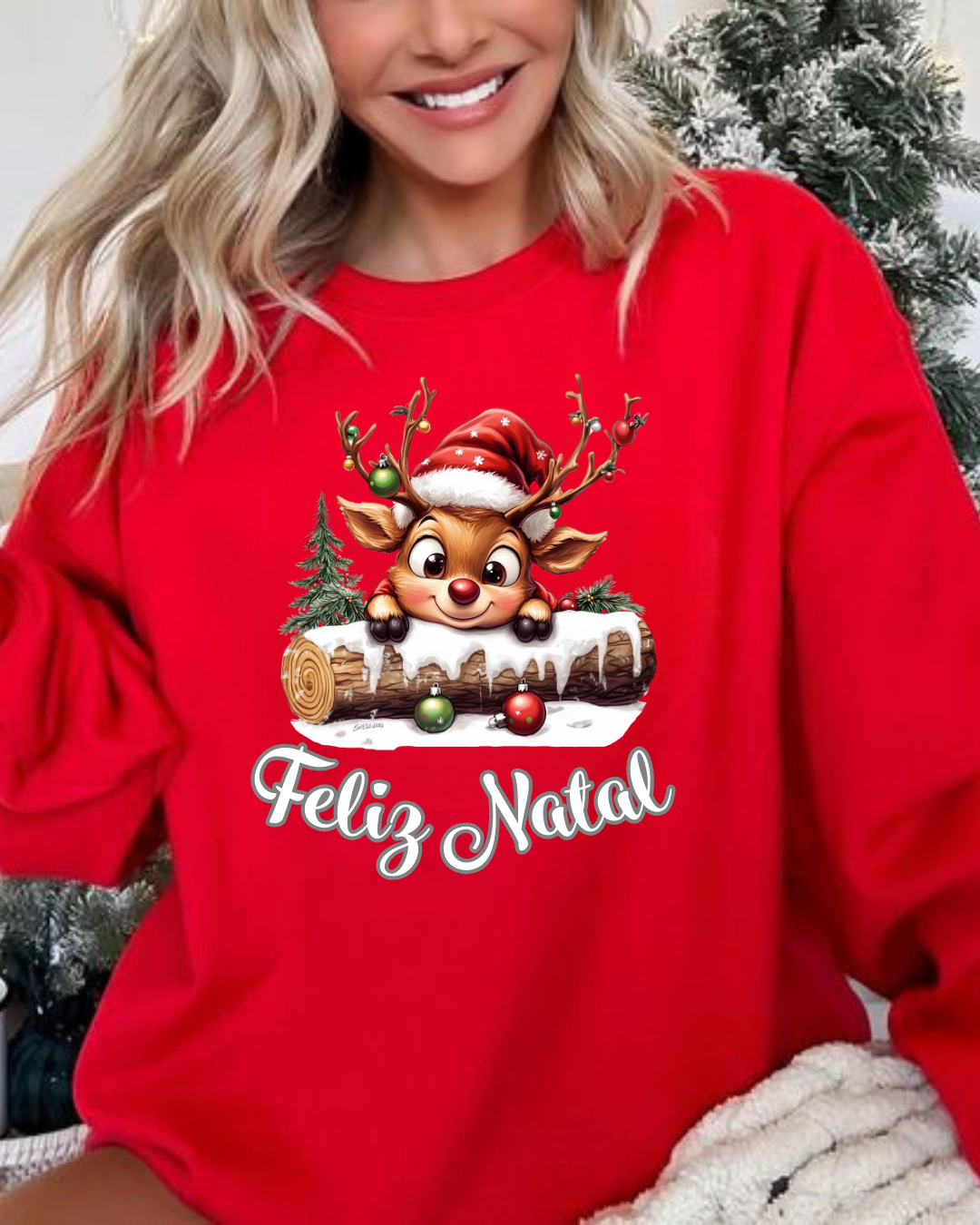 Camisola vermelha com estampa natalícia de rena e texto Feliz Natal