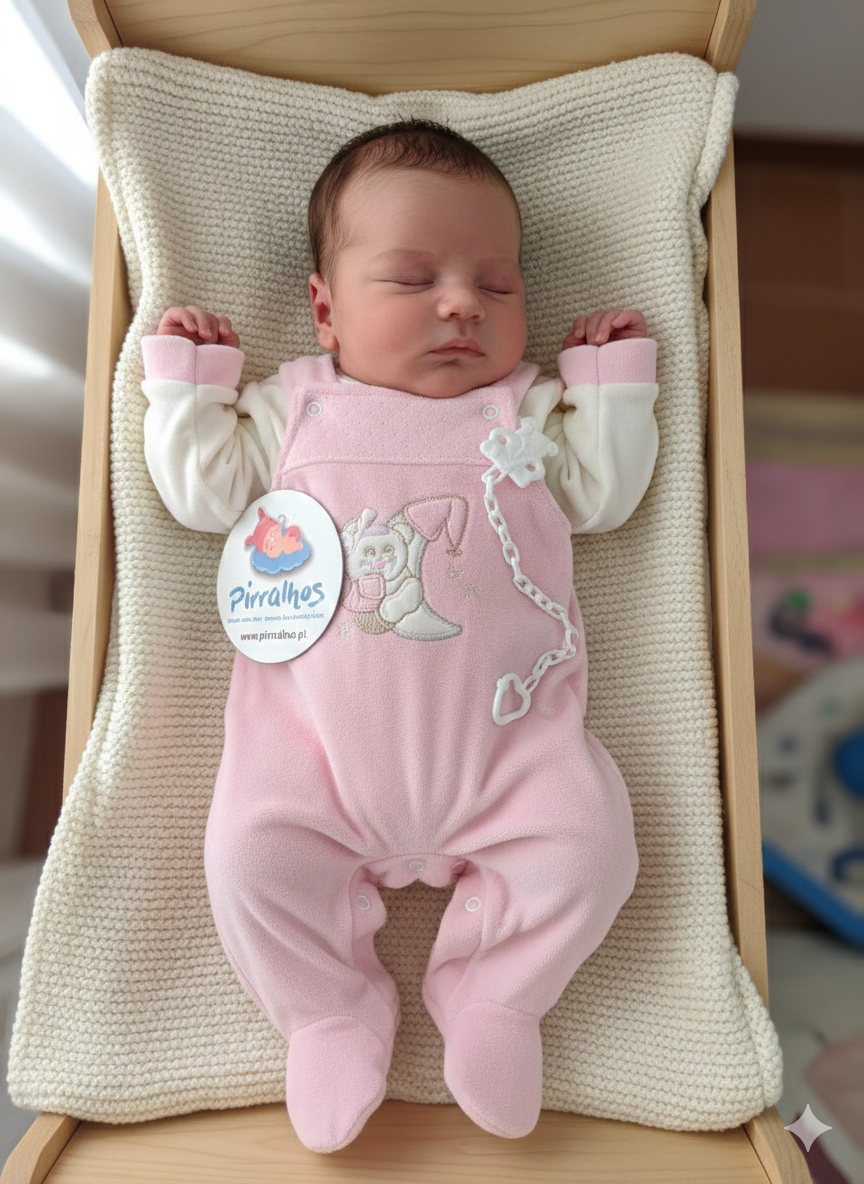 Macacão de bebé cor-de-rosa com ursinho bordado, alfinete branco em tecido macio no berço de madeira