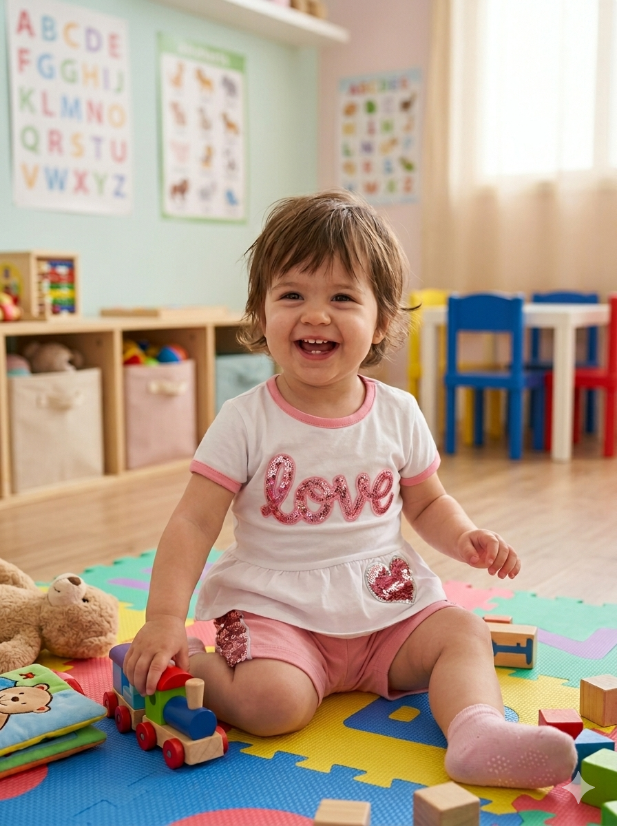 Criança pequena sorridente a brincar sentada num tapete colorido, vestindo t-shirt com a palavra love e shorts cor-de-rosa