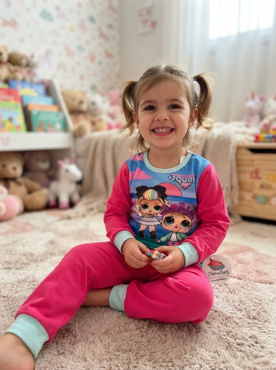 Criança de pijama colorido sentada num tapete num quarto com brinquedos e livros