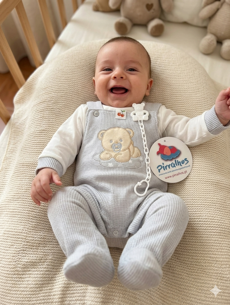 Bebé sorridente em macacão cinzento com ursinho bordado, deitado em almofada creme tricotada, com prende-chupeta e etiqueta Pirralhos.