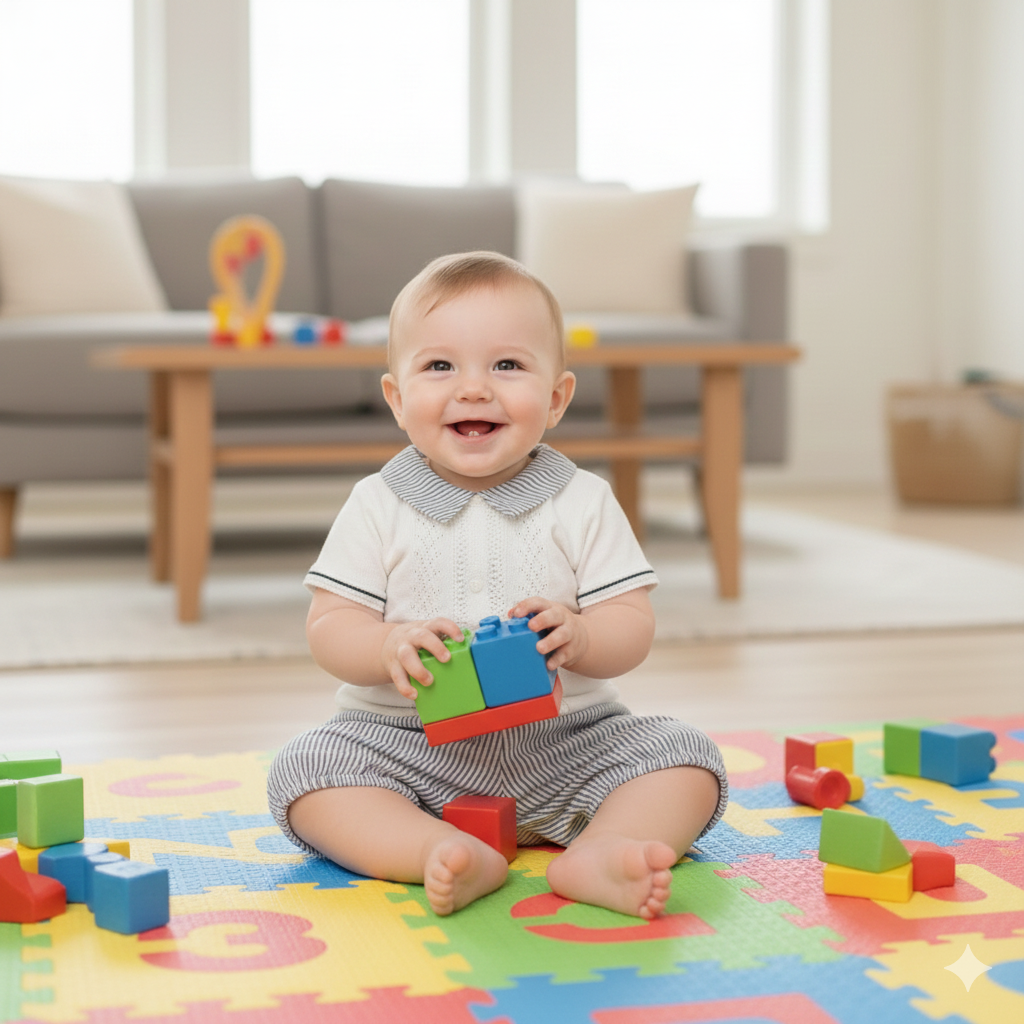 Bebé sorridente no tapete colorido a brincar com blocos de construção