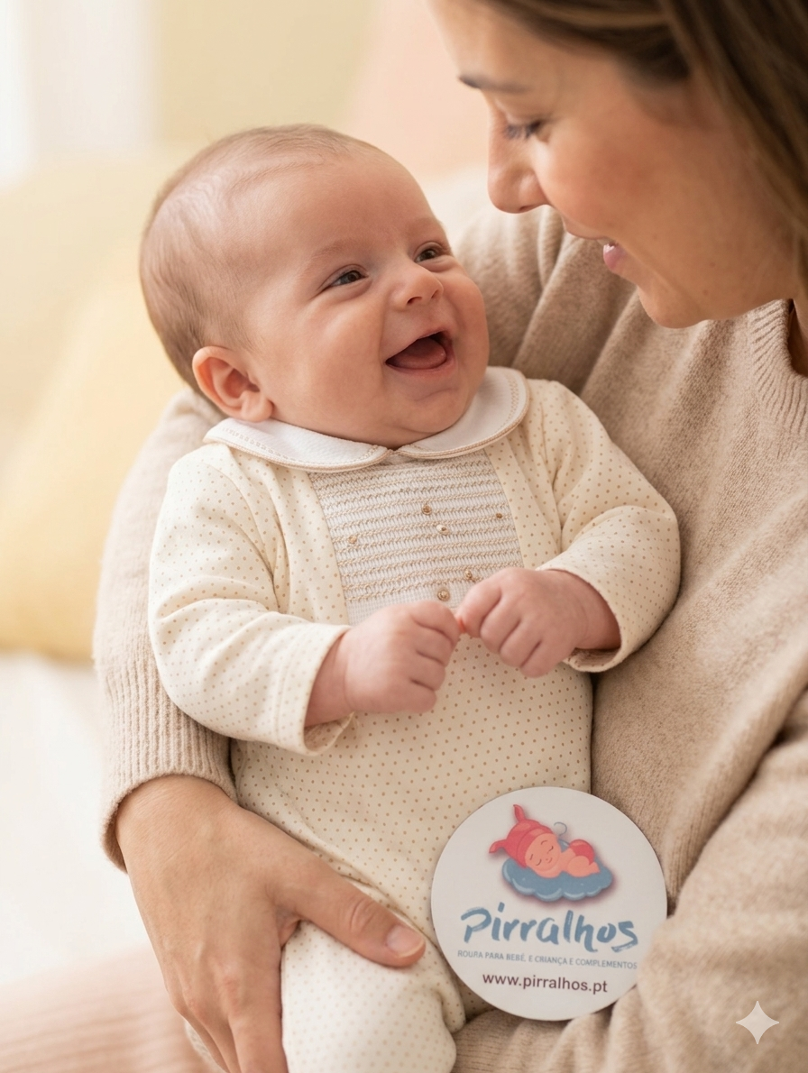 Bebé sorridente com macacão creme e pontos castanhos com etiqueta da marca Pirralhos na mão, segurado por adulto.