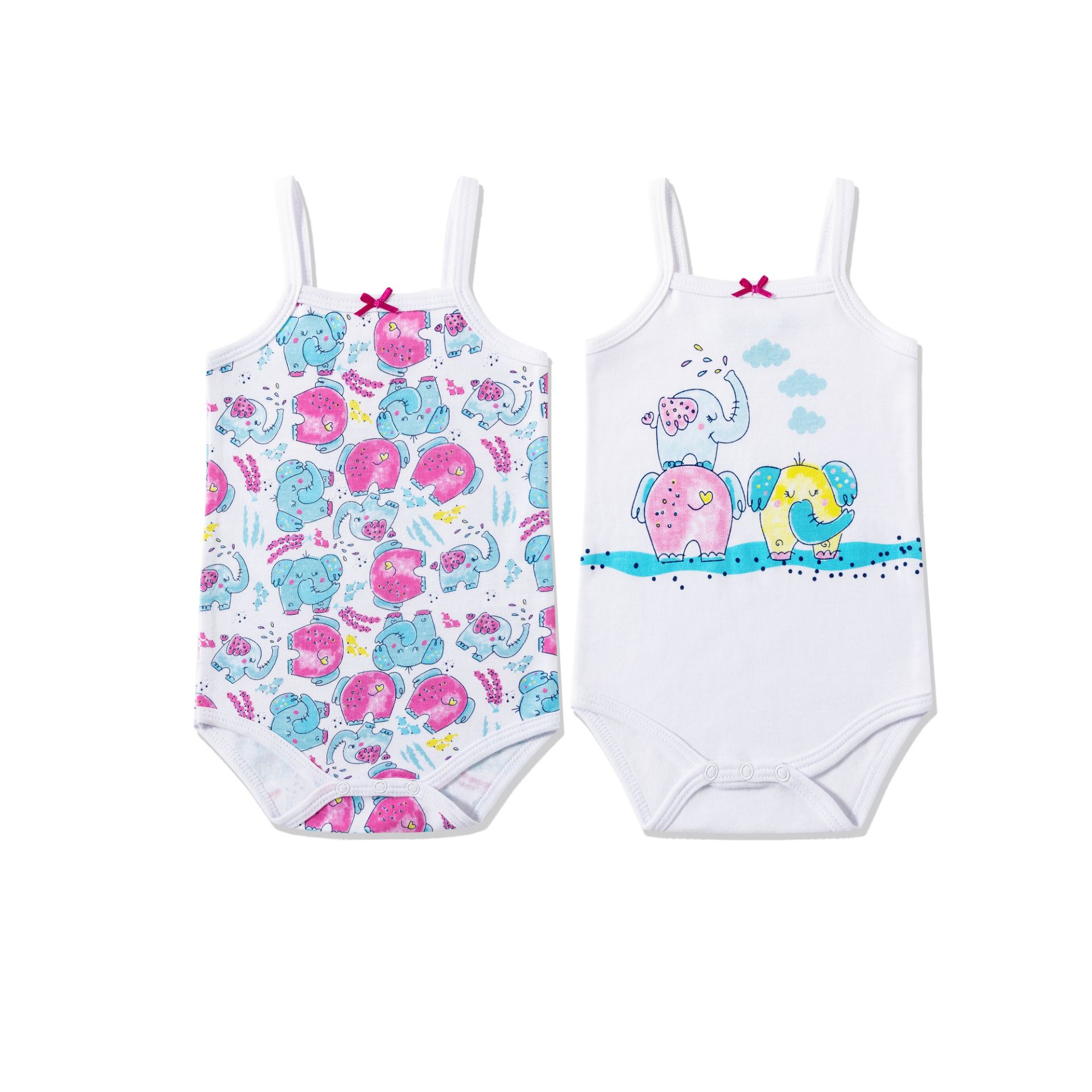 Dois bodies para bebé com padrões de elefantes, um branco com padrão colorido e outro branco com ilustração de elefantes