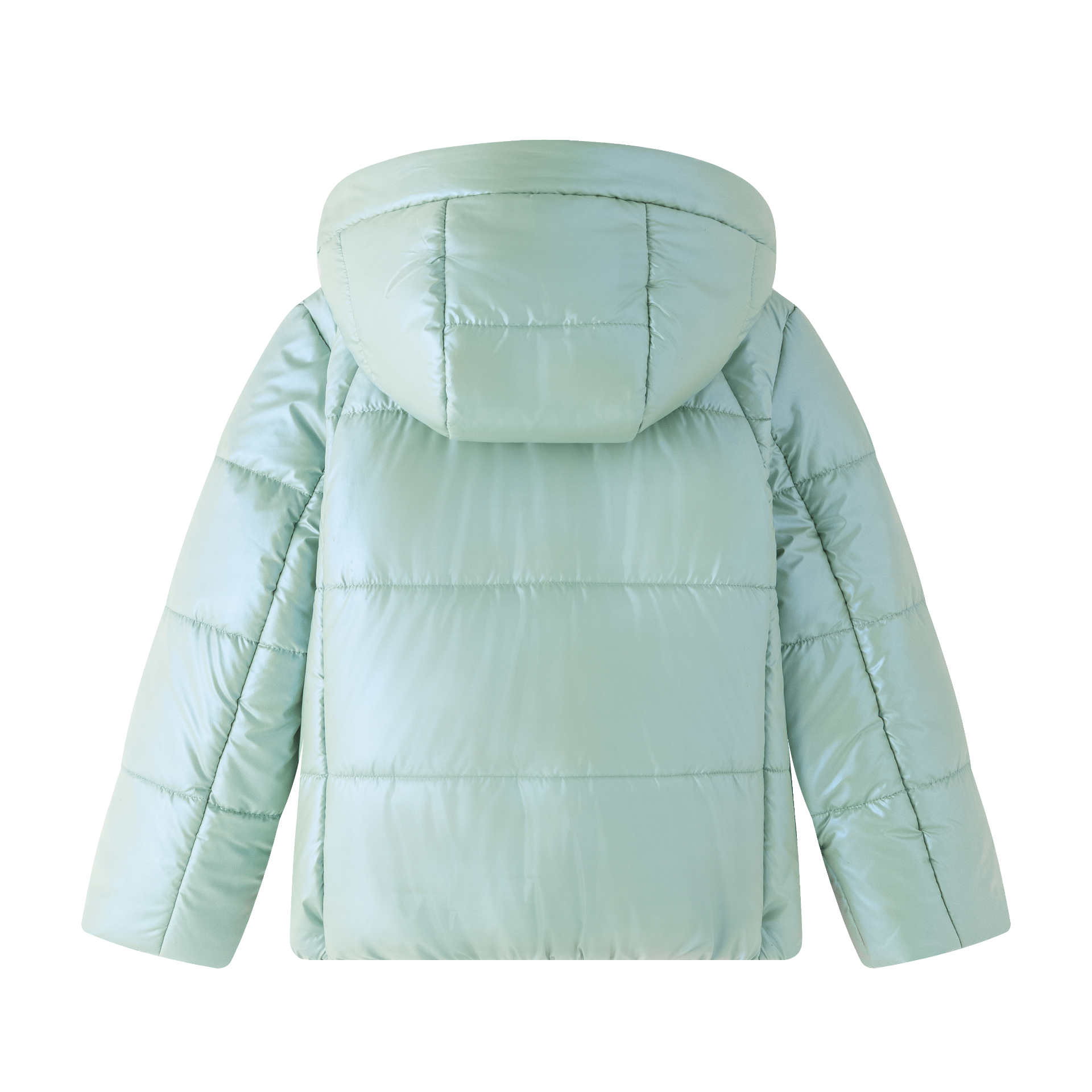 Casaco acolchoado verde claro com capuz visto de costas