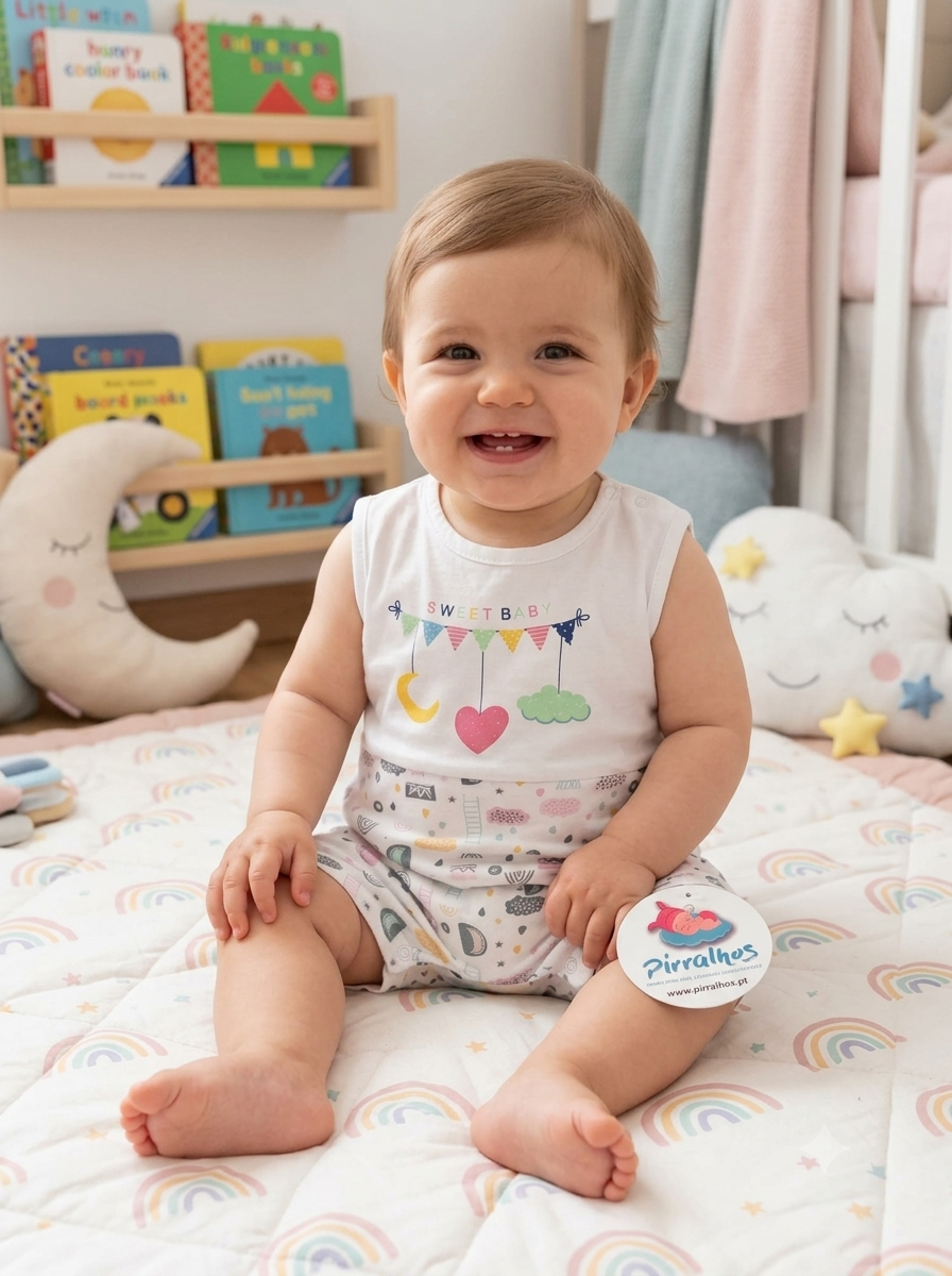 Bebé vestido com macacão branco estampado sentado numa manta com padrão de arcos-íris