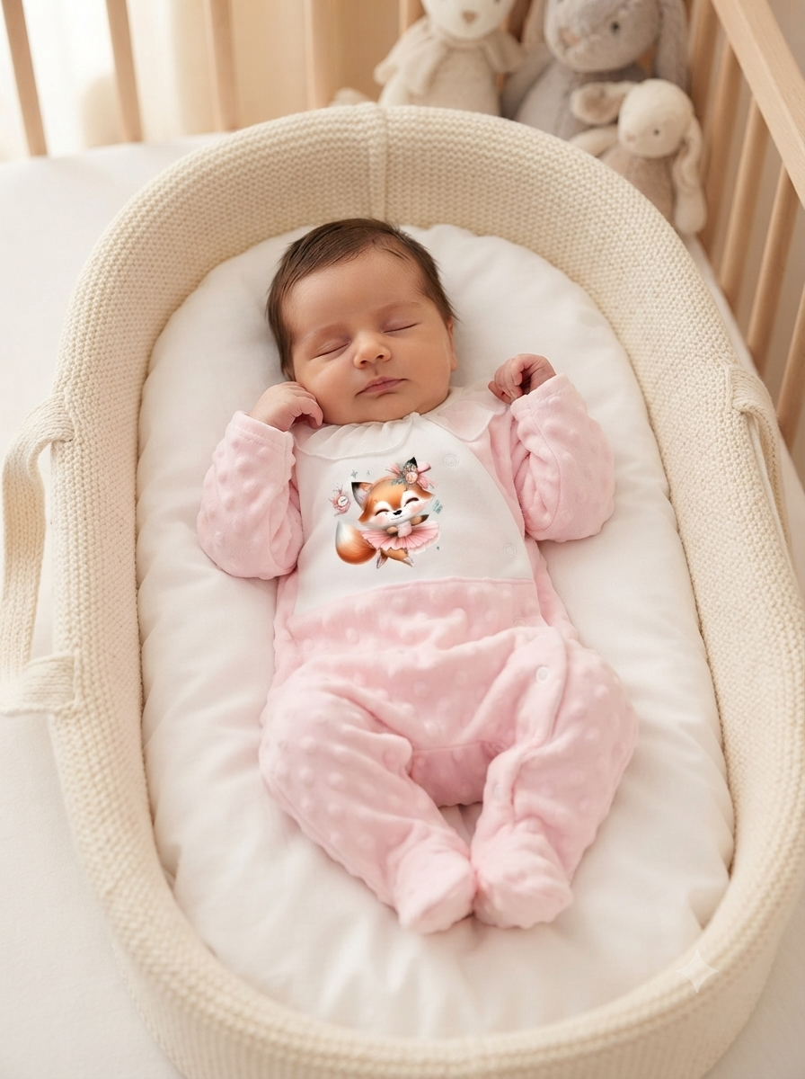 Bebé adormecido de roupa cor-de-rosa com raposa estampada deitado em cama creme de croché