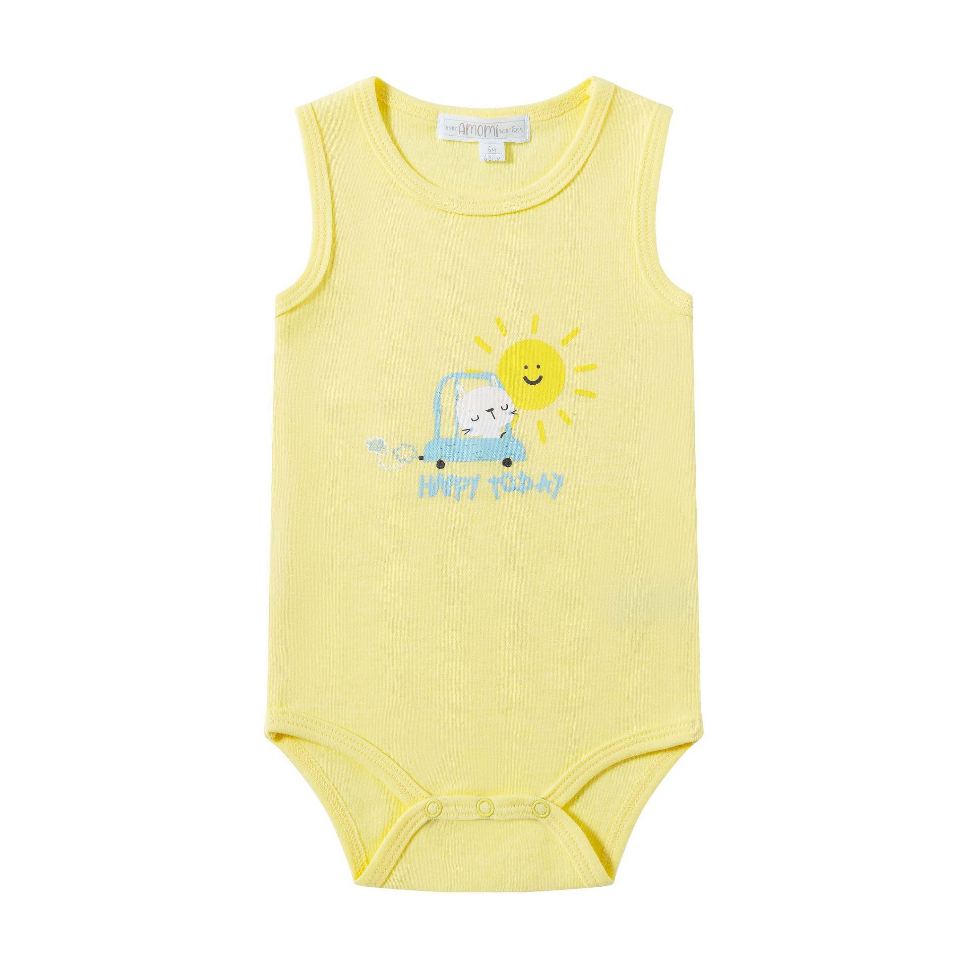 Body bebé amarelo sem mangas com estampa de sol e carrinho azul