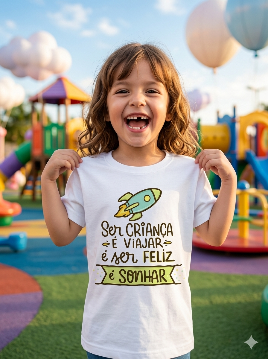 Menina sorridente com camisola branca estampada num parque infantil colorido