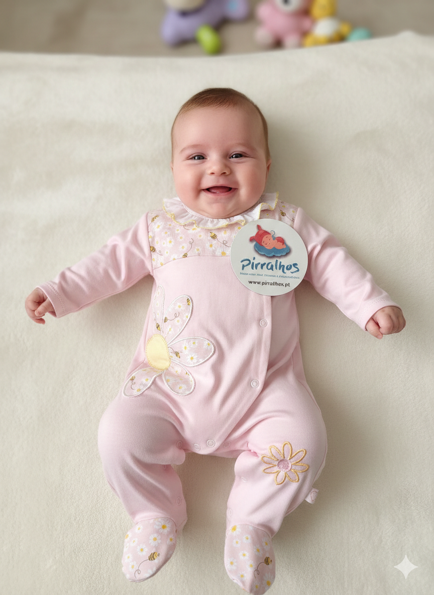 Bebé sorridente deitado com macacão rosa claro com flores, com etiqueta Pirralhos