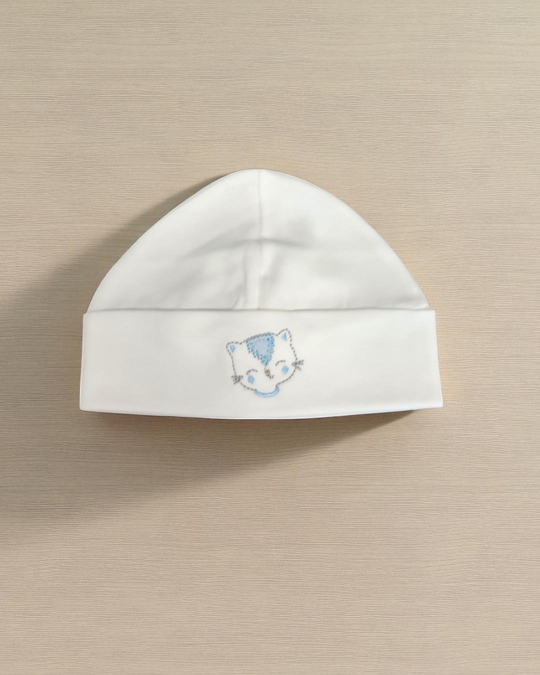 Gorro branco de algodão para bebé com desenho de gato azul e cinza