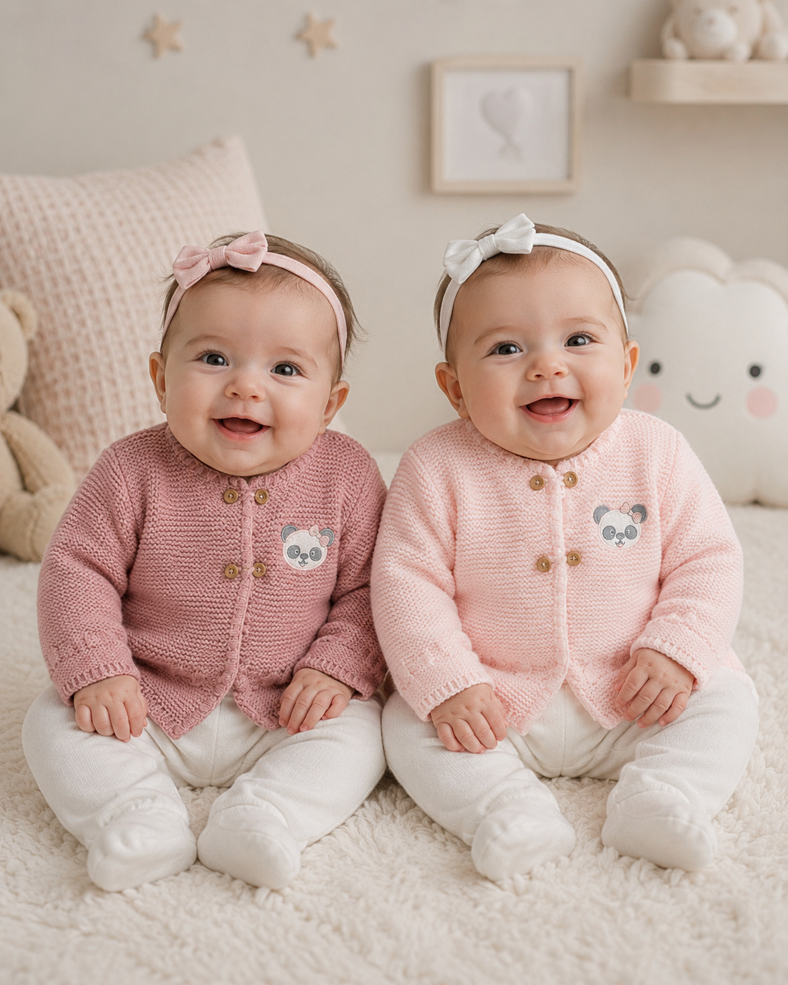 Dois bebés com camisolas de malha rosa e rosa claro sentados num tapete felpudo branco