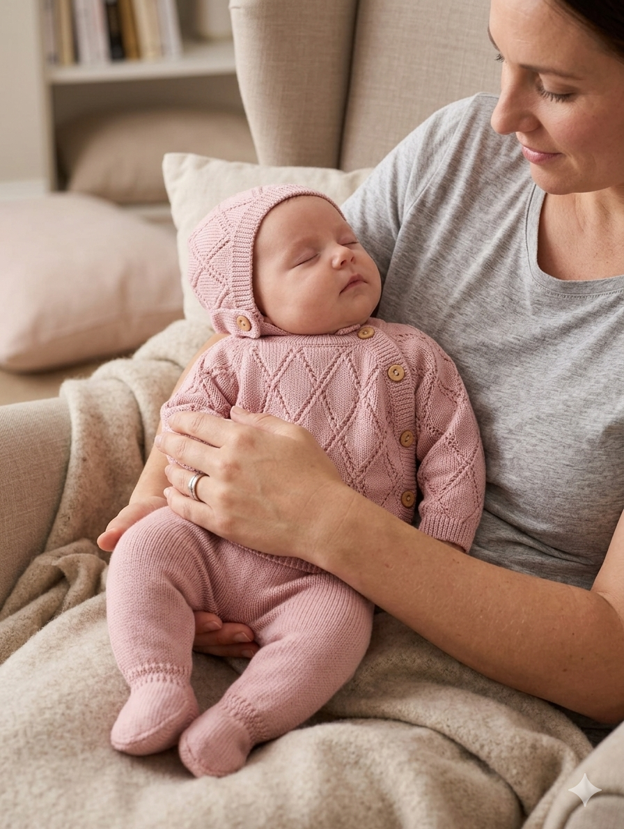 Bebé dormindo com fato de malha rosa muito claro e capuz com botões sentado no colo de mulher
