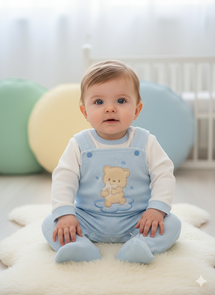 Bebé com jardineira azul clara e camisa branca sentado em tapete branco felpudo com almofadas coloridas e berço ao fundo