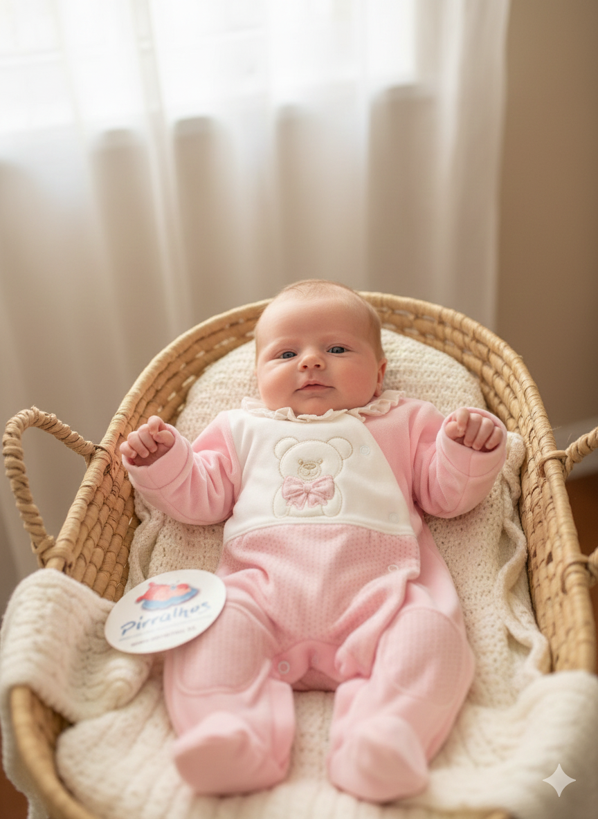 Bebé vestido de rosa com ursinho bordado, deitado em cesta de verga com manta branca e etiqueta Pirralhos.