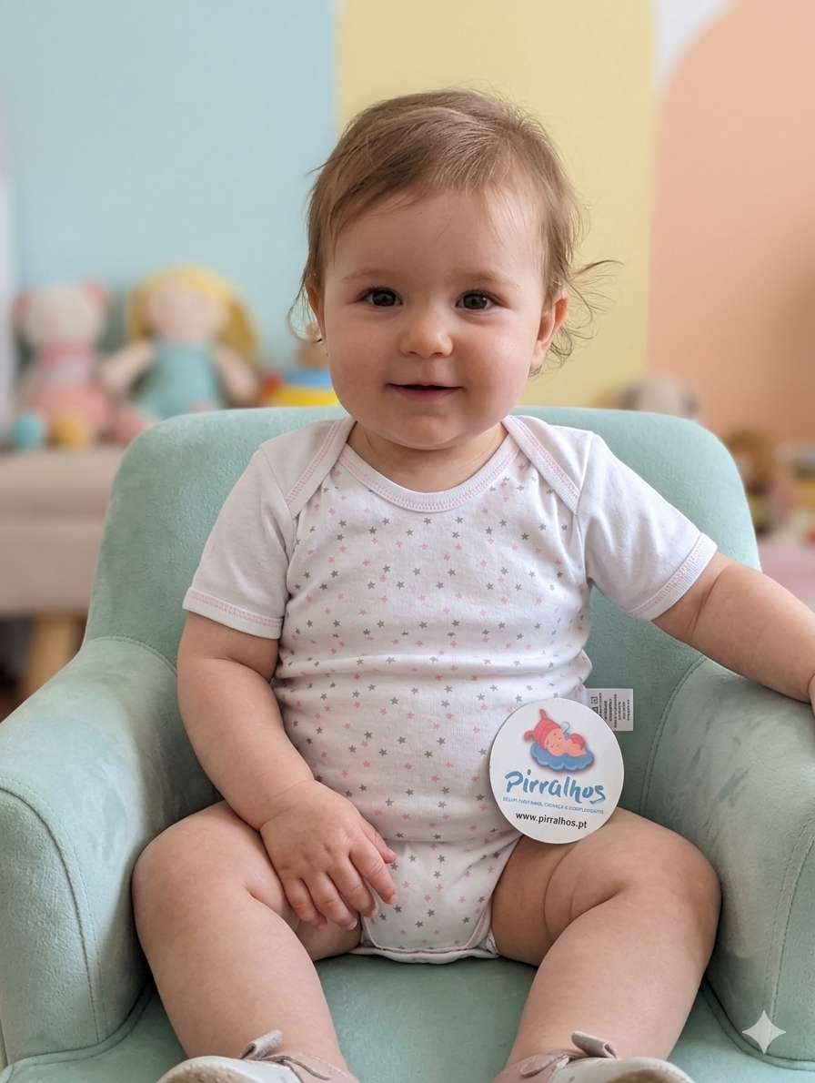 Bebé sentado numa poltrona azul clara a usar body branco com estrelas cinza e rosa e etiqueta Pirralhos