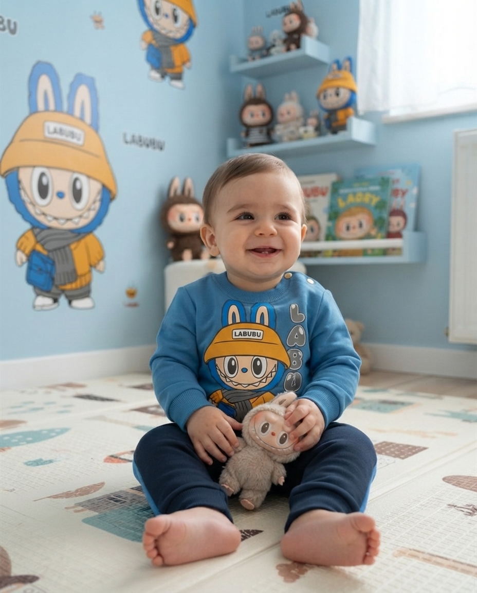 Bebé sentado no chão com camisola azul e peluche cinzenta num quarto azul decorado com coelhos.