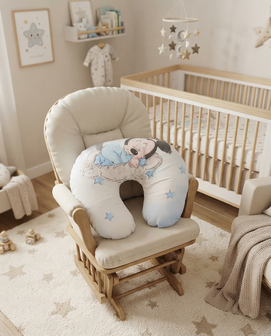 Quarto de bebé com cadeira de amamentação e almofada com estampa de bebé a dormir