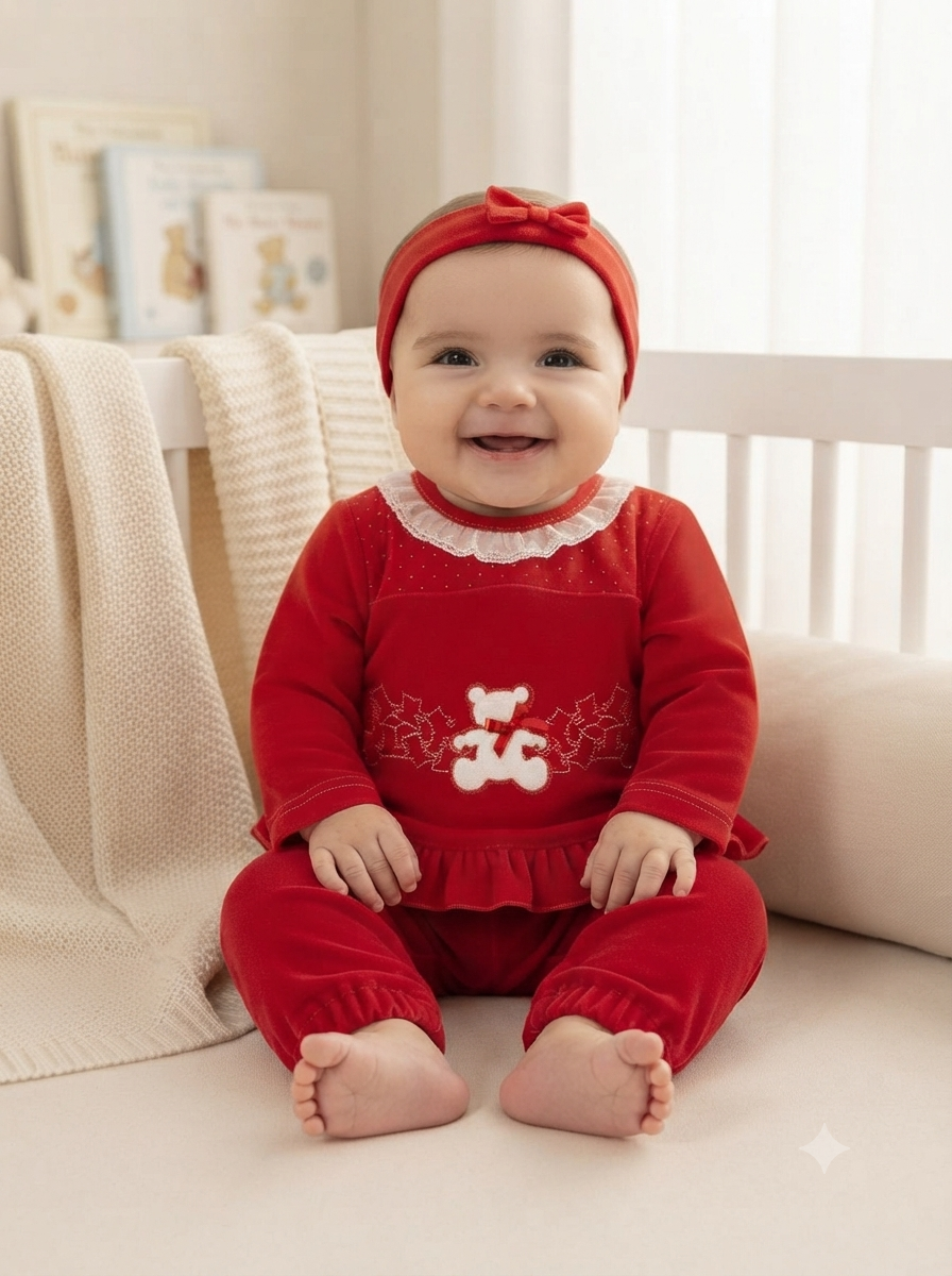 Bebé vestido com fato de veludo vermelho com aplicação de urso branco, sentado em ambiente interior claro