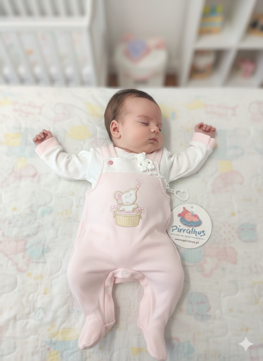 Bebé a dormir com macacão rosa com bordado de elefante e etiqueta Pirralhos em edredão colorido