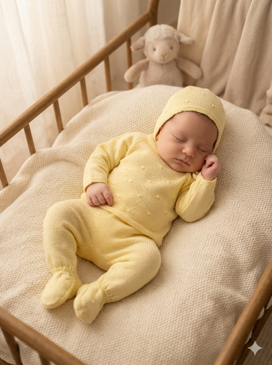 Bebé a dormir vestido com macacão e gorro amarelos de malha numa cama de madeira com almofada e manta bege, com brinquedo de ovelha ao fundo.