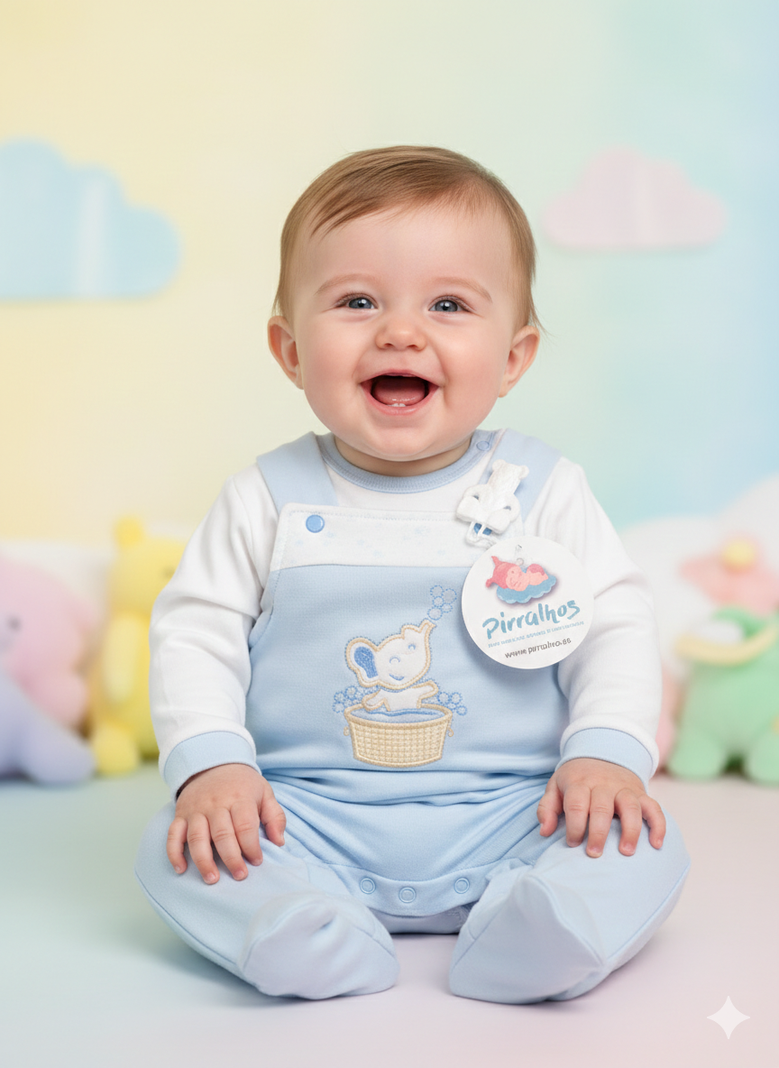 Bebé sorridente com macacão azul claro com bordado e etiqueta redonda sentado num fundo com peluches coloridos desfocados