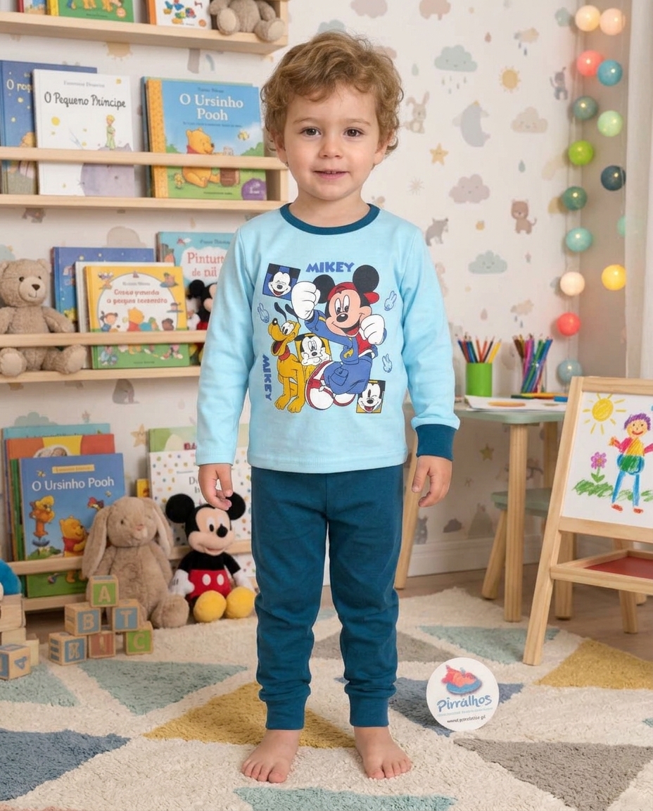 Criança com pijama azul clara e azul escuro de personagens Disney em quarto infantil decorado.