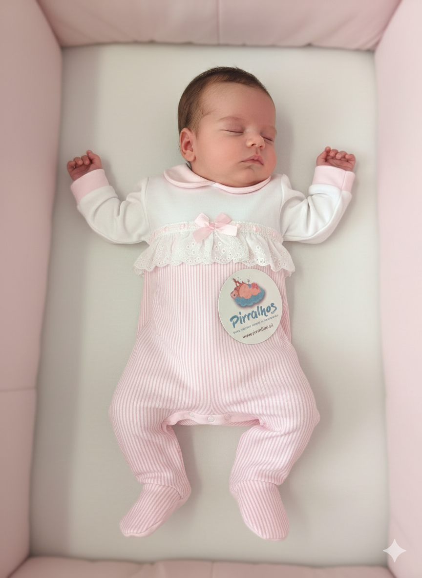 Bebé a dormir em pijama rosa e branco com renda e laço num berço rosa.